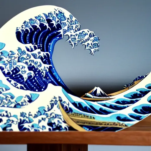 Image similar to a white and blue sculpture of The Great Wave off Kanagawa on a table