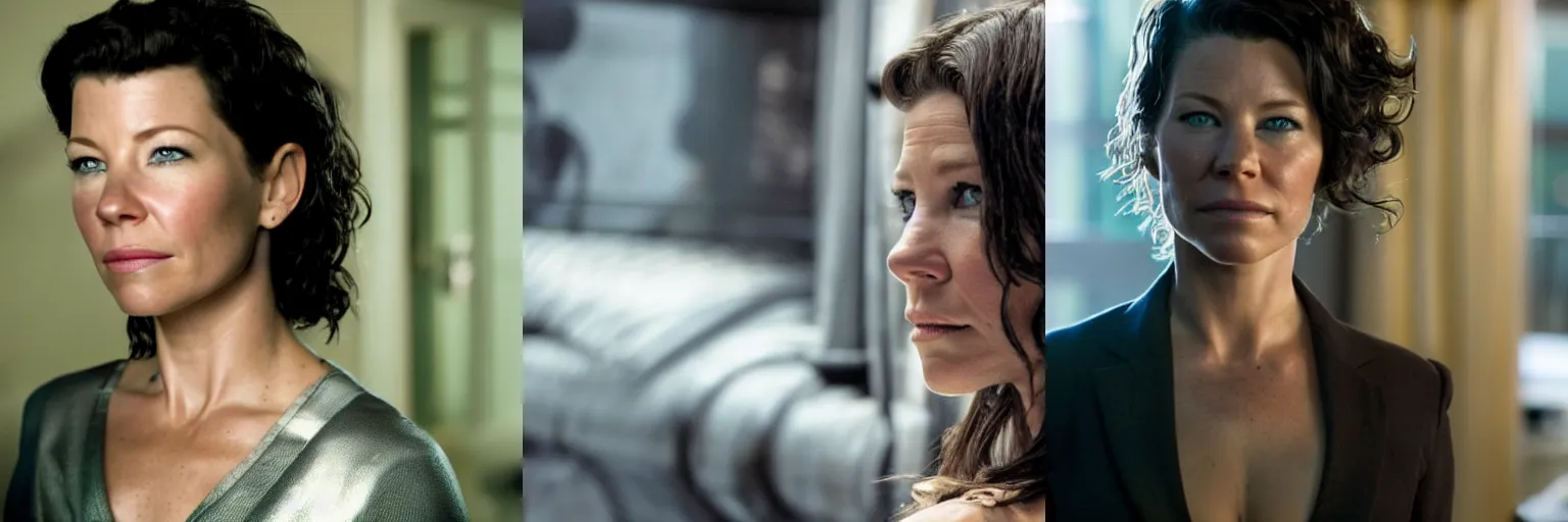 Prompt: close-up of Evangeline Lilly as a detective in a movie directed by Christopher Nolan, movie still frame, promotional image, imax 70 mm footage