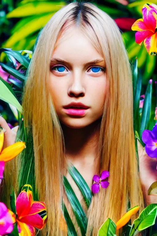 Image similar to an attractive girl is surrounded by colourful tropical flowers and plants, symmetric face and eyes, upper body face shot, long straight blonde hair, visible face