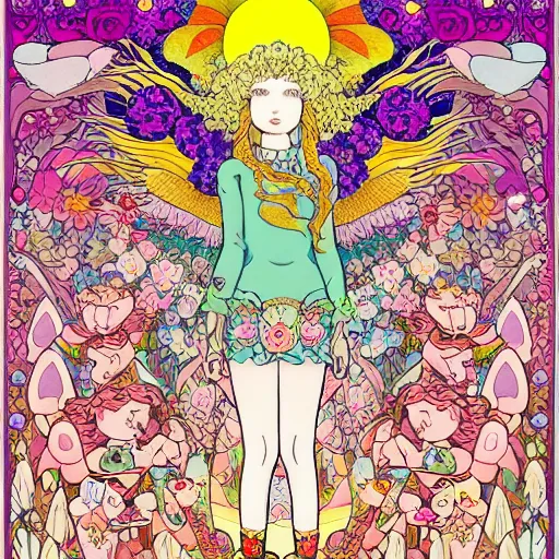 Prompt: a young NeoPagan Goddess of Spring, inside her temple, in a blended style by Junko Mizuno, Henry Darger, and Peter Chung, hyper detailed, colorful digital art, extremely fine inking lines