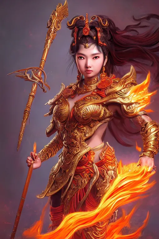 Image similar to a masterpiece portrait of nezha, legendary god holding spear, flame everywhere, epic pose, fantasy character portrait, closeup shot, hyper detailed, digital painting, 8 k realistic, trending on artstation, sharp focus, dof, by fenghua zhong, artgerm, ne zha from smite, jeff easley, raymond swanland