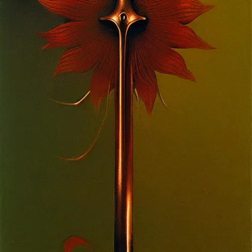 Prompt: a sword in the style of zdzisław beksinski, elegant, flower petals, copper and emerald