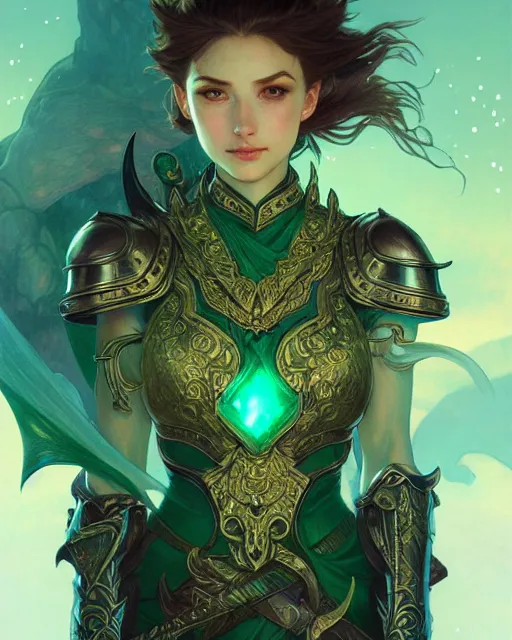 Image similar to Fantasy emerald knight, moonlit, HD, illustration, epic, D&D, fantasy, intricate, elegant, highly detailed, digital painting, artstation, concept art, smooth, sharp focus, illustration, art by artgerm and greg rutkowski and alphonse mucha, monster hunter illustrations art book