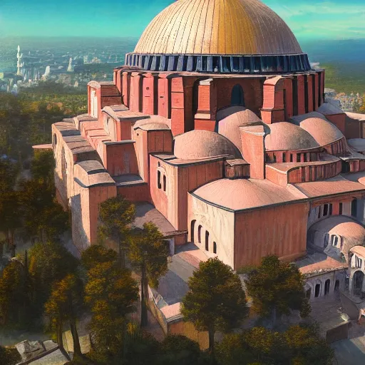 Image similar to a highly detailed painting of the hagia sophia and the done of the rock in a vaporwave style, ultrawide lense, aerial photography, unreal engine, exquisite detail, 8 k, art by greg rutkowski and alphonse mucha