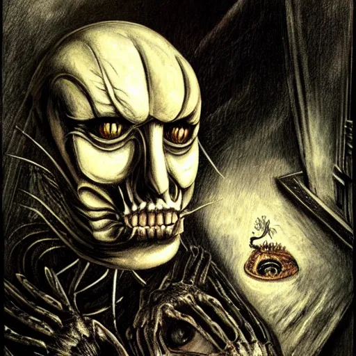 Prompt: a scary portrait of creepy pasta man by H. G. Wells and H.R. Giger, fantasy, gruesome, highly detailed