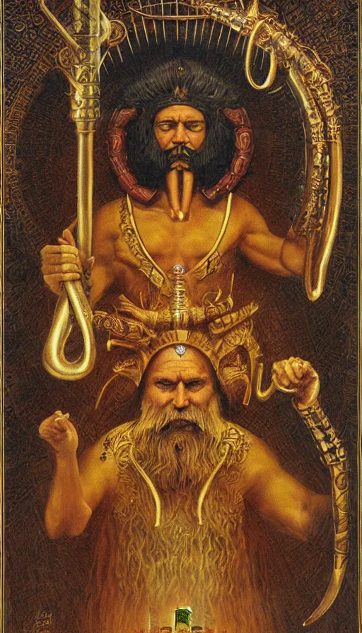 Prompt: the emperor, ram horns, taurus, mars energy, scepter in his hand, ankh, wisdom, long white beard, agostino arrivabene