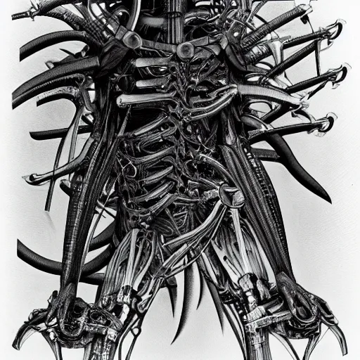 Image similar to biomechanical atrocity by katsuhiro otomo and giger