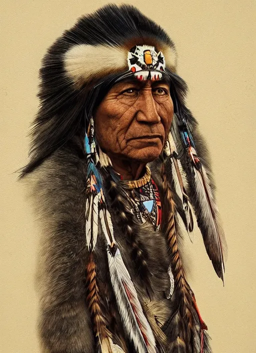 Prompt: native american grand chief, highly detailed, portrait, digital painting, trending on artstation, concept art, sharp focus, illustration, by edward s. curtis, by mauro belfiore, by toppi