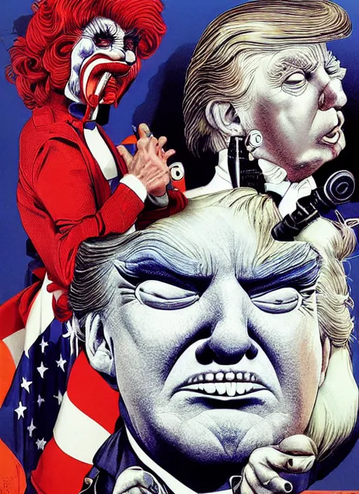 Prompt: donald trump is a disgusting clown, grotesque, horror, high details, intricate details, by vincent di fate, artgerm julie bell beeple, 1980s, inking, vintage 80s print, screen print