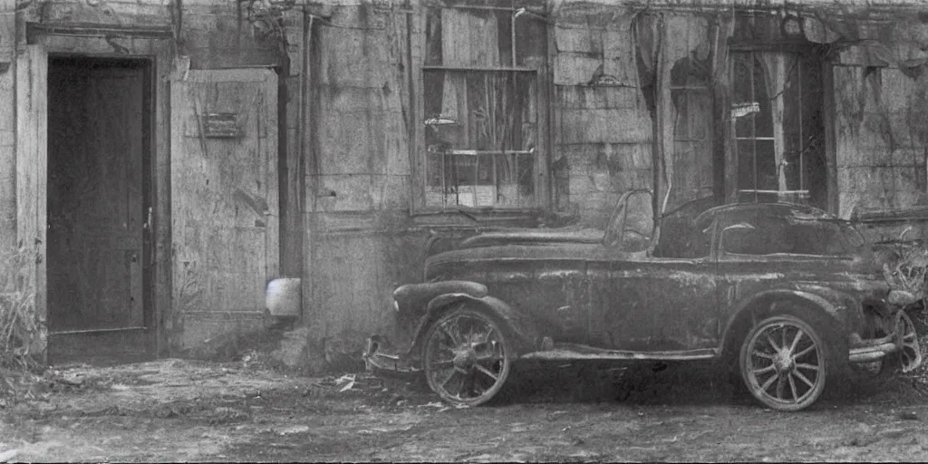 Prompt: a car on the side of the road at night, stopped, front door popped open and blood all over the windows, a dark presence sit's in the car with no face like a photograph by Jacob Riis