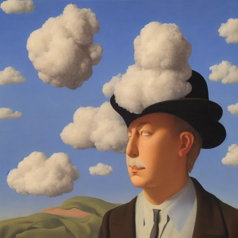 Image similar to portrait of a cloud man by rene magritte, detailed painting, hd, hq, high resolution, high detail, 4 k, 8 k