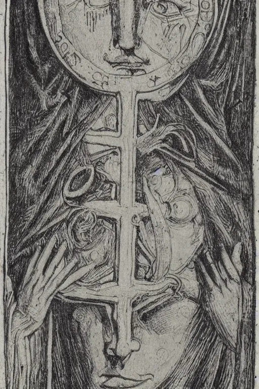 Image similar to realistic medieval etching, intrincate detail, clear cross hatching, detailed faces. by austin osman spare, occult art, alchemical diagram