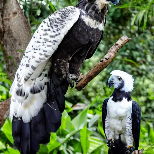 Image similar to harpy eagle and parrot hybrid animal, half harpy eagle half parrot, realistic photo taken in zoo