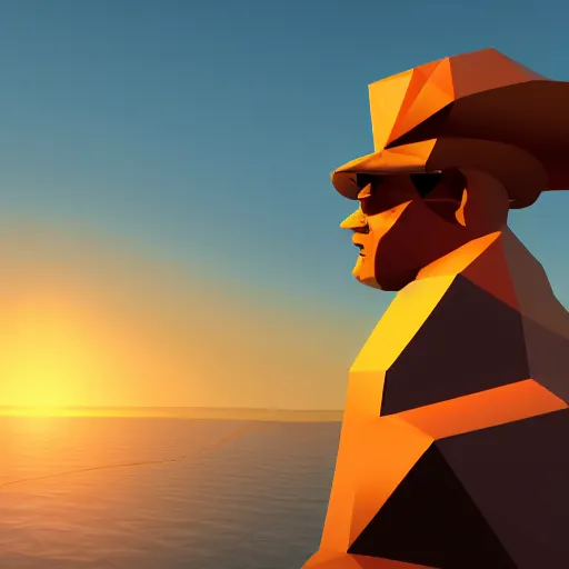 Prompt: a low-poly pirate looking out into an ocean sunset