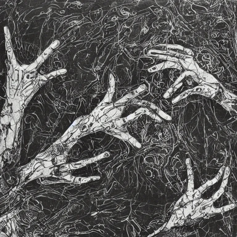 Image similar to Never-before-scene unique monochromatic abstract artwork with a very creative composition, symbolism and motifs, as well as scratches, multi-layered textures and innuendos of human limbs and hands.