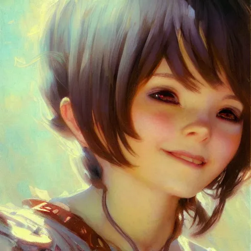 Prompt: a detailed portrait of an adorable anime girl, cute smile, eyes, painting by gaston bussiere, craig mullins, j. c. leyendecker
