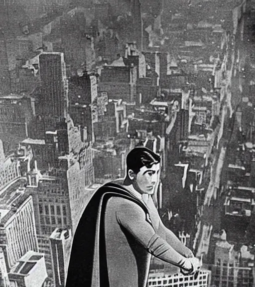 Prompt: Superman at a distance in New York, film photo from 1915, grainy, high detail, high resolution