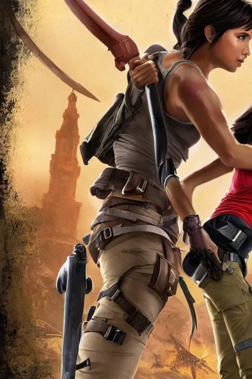 Image similar to Isabela Merced as Dora the Explorer vs Angelina Jolie as Lara Croft, movie concept art, film by Michael Bay