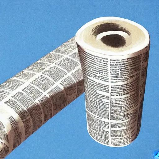 Image similar to painting of a roll of newspaper standing against a blue background, by ivan seal, surreal art, dull