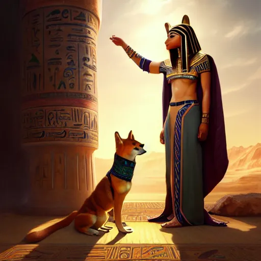 Prompt: portrait painting of egyptian pharaoh petting a shiba inu, ultra realistic, concept art, intricate details, eerie, highly detailed, photorealistic, octane render, 8 k, unreal engine. art by artgerm and greg rutkowski and charlie bowater and magali villeneuve and alphonse mucha