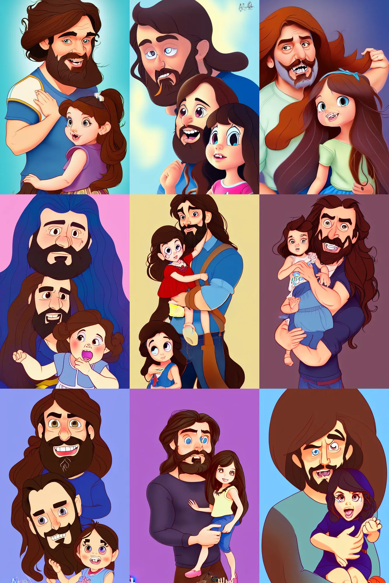 Image similar to a long - haired bearded father and his cartoonish brunette child toddler girl full color digital illustration in the style of don bluth, artgerm, artstation trending, 4 k