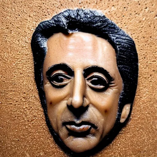 Image similar to al pacino's face made of coffee and milk foam in a cup of cappuccino, high detail