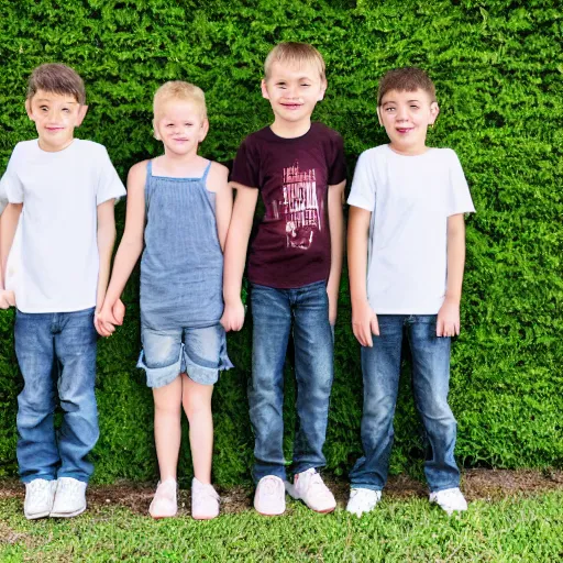 Prompt: one girl and three boys stand together. they are siblings. a white housewall is in the beackground