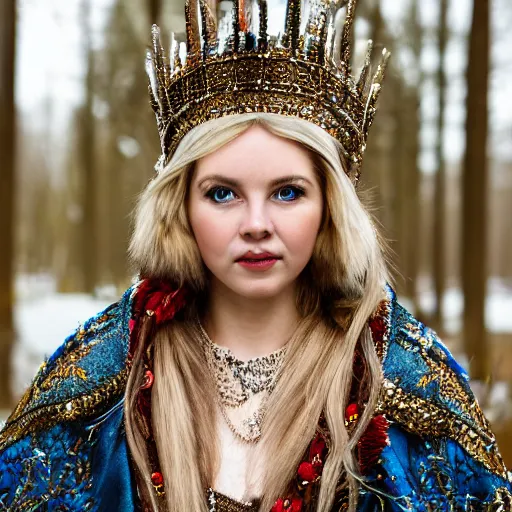 Prompt: portrait photograph of a very beautiful nordic queen with ornate cloak, highly detailed, bokeh, graflex camera, super resolution