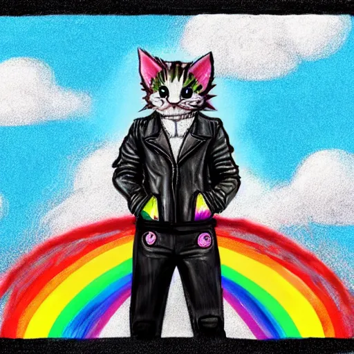 Image similar to wide angle full body, jacket wearing fluffy cute rainbow kitten wearing a black leather motorcycle jacket, concept art