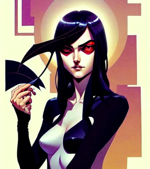 Image similar to artgerm, joshua middleton comic cover art, pretty friendly sweet kind phoebe tonkin eye of horus painted under left eye, young, attractive, slim, she has very pale skin long black hair, she prefers to dress casually and she wears black clothing