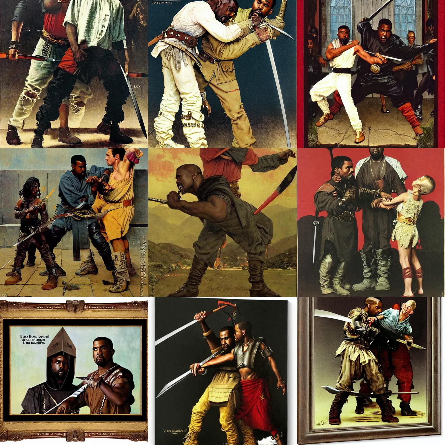 Prompt: kanye west sword fighting Kanye east, epic fantasy, by norman rockwell