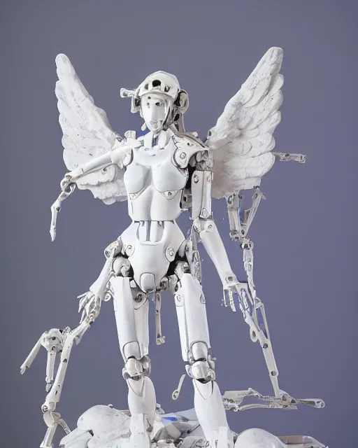 Image similar to marble sculpture of beautiful female angel with solarpunk mecha humanoid robotic parts with bright led lights, pudica pose gesture, by michelangelo, in white museum, ultra - realistic and intricate, hdr 8 k