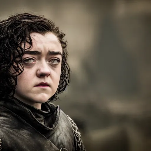 Image similar to maisie williams as jon snow from game of thrones, golden hour, cinematic