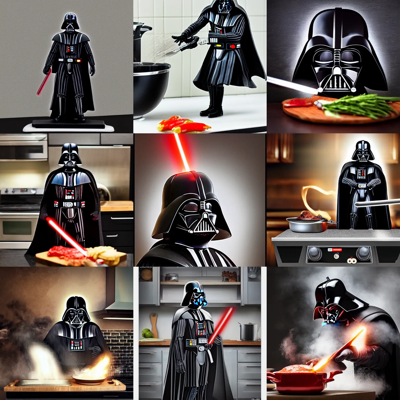 Prompt: Darth Vader cooking in the kitchen, photo realistic, award-winning, highly-detailed
