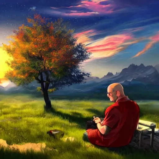 Image similar to featured on artstation walter white sitting under a cherry tree overlooking valley waterfall sunset beautiful image stylized digital art