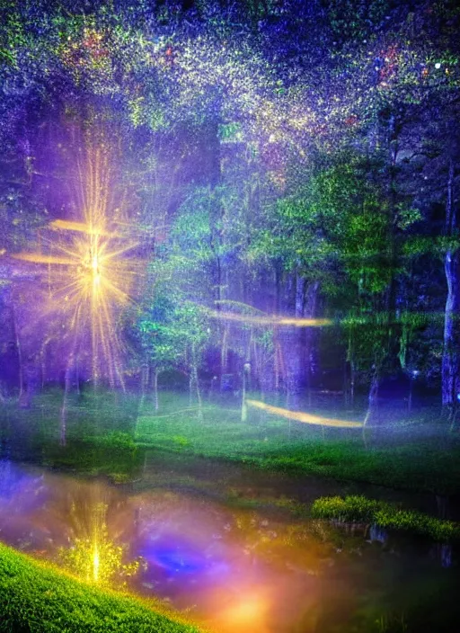 Image similar to photography at night of an ethereal pond, a central sunlight glare, mystical lights, cyber futuristic lights in the sky, masterpiece, epic, cinematic, hyperealistic photo, high detailed, flashlight at night