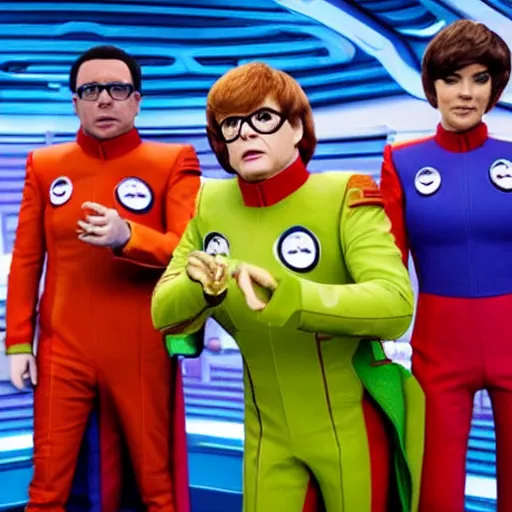 Image similar to austin powers as captain of the orville on the the bridge of the orville