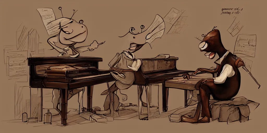 Prompt: jiminy cricket playing a piano like a human, digital art, artstation