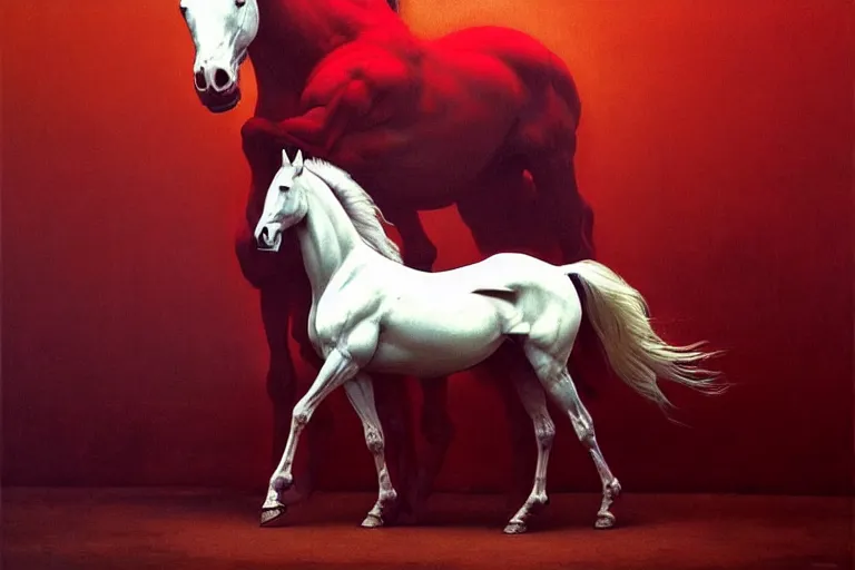 Prompt: a white cyberpunk horses with human heads, in the style of beksinski, parts by edward hopper, parts by rodcenko, parts by yue minjun, intricate and epic composition, red by caravaggio, insanely quality, highly detailed, masterpiece, red light, artstation, 4 k