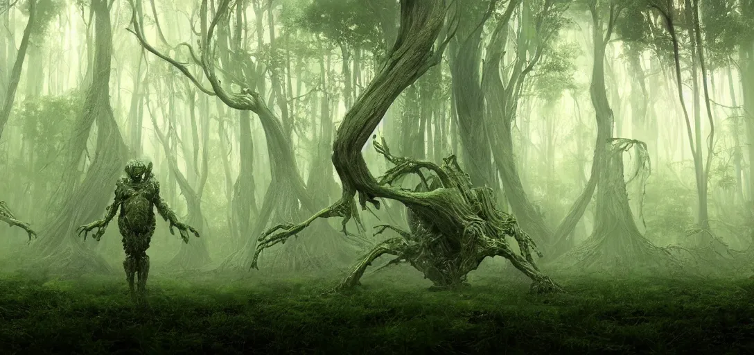 Image similar to a complex organic fractal 3 d metallic symbiotic ceramic humanoid megastructure creature in a swampy lush forest, foggy, cinematic shot, photo still from movie by denis villeneuve, 9 0 s anime by junji ito