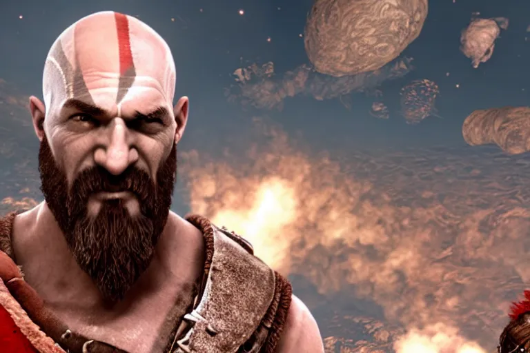 Image similar to cinematic screenshot of kratos from the god of war videogame eating ramen noodles in the international space station