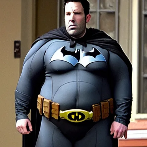 Prompt: photo of morbidly obese batman played by ben affleck with his gut sticking out slightly