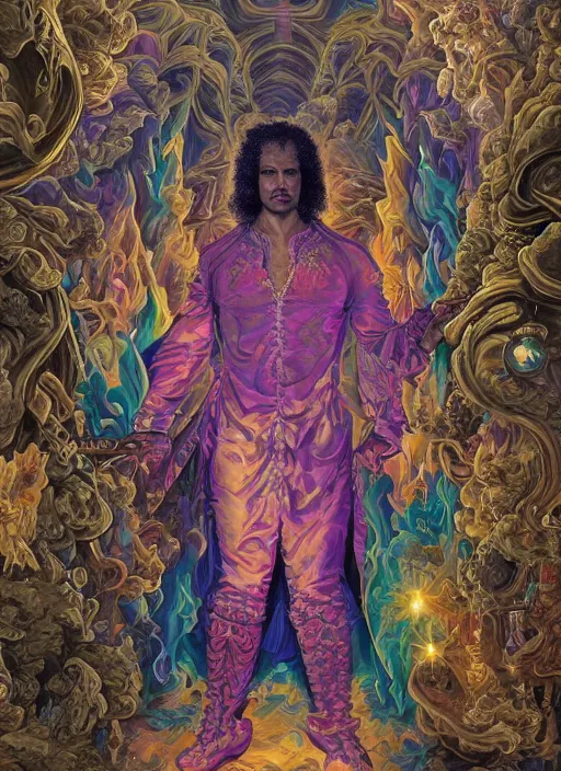 Image similar to beautiful oil painting, portrait of Dwayne the rock Johnson as Louis xiv in coronation robes 1701, Dan Mumford, Dan Mumford, Alex grey, Alex grey, lsd visuals, dmt fractal patterns, entheogen, psychedelic, hallucinogen, highly detailed, ornate, vaporwave