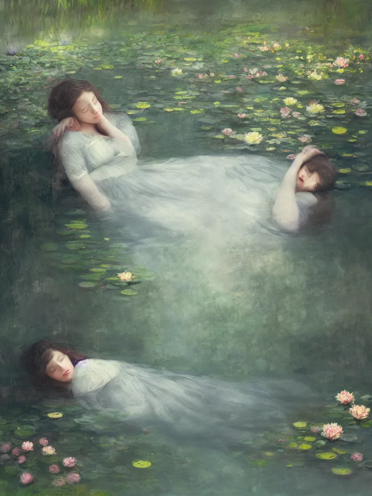 Image similar to detailed cinematic moody colors studio portrait of a victorian young lady sleeping in a victorian pond, water lilies, ofelia inspired high quality by jeremy mann, only one head single portrait