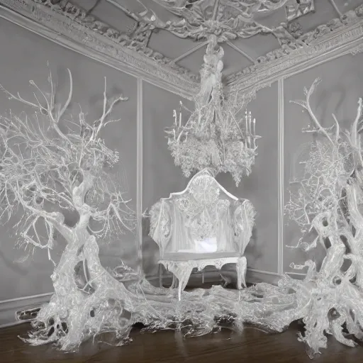 Prompt: explosion of a Gothic baroque white porcelain room furnished with baroque furniture made of white porcelain and white veils, an intricate chandelier of blown branches forming a cloud, and exploding white porcelain objects, all shattering, a trap door in the floor is the passage to another dimension, beautiful white ghosts with long robes and intricate white jewels float in the room. trending on artstation, sensual gloomy, volumetric clouds, unreal render, depth of field