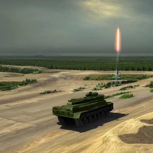 Image similar to Half Watermelon and half military HIMARS vehicle with epic weapons, launching rockets on a battlefield, russian city as background. Concept digital 3D art in style of Caspar David Friedrich, Less watermelon more military HIMARS vehicle. Rendered in unreal engine 5, artstationHD, 4k, 8k, 3d render, 3d Houdini, cinema 4d, octane epic RTX volumetric dramatic light