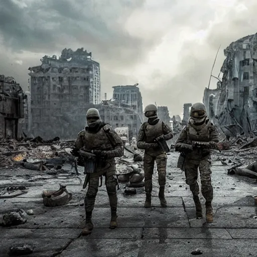 Prompt: Special Forces in grey uniform fighting in a ruined city in 2022, photo by Adam Ferguson, Pulitzer Winning, cinematic composition, breathtaking, modern, 2022