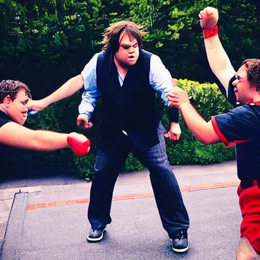 Image similar to “ jack black fistfighting jonah hill at six flags ”