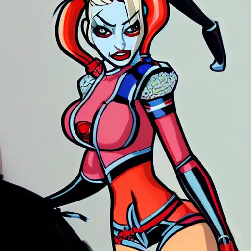 Image similar to detailed digitial painting of harley quinn in bruce timm art style, elaborate, intricate