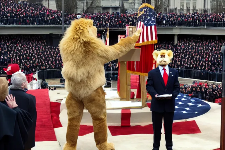 Prompt: photo of the usa presidential inauguration, a lion fursuiter being inaugurated as president, swearing an oath to uphold the constitution